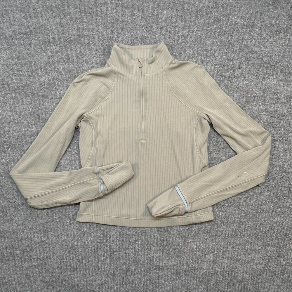 Lululemon Pullover Womens 2 Beige Ribbed 1/4 Zip Mock Neck Athletic Running Top